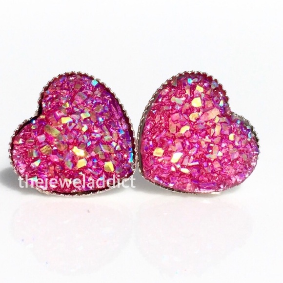 3 for 15🎀 hot pink faux druzy heart earrings - Picture 2 of 4